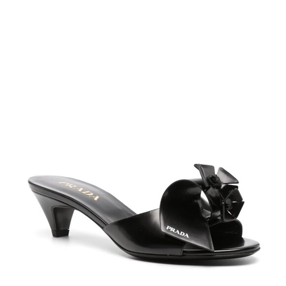 NWT Prada Slip-on Sandals Black Leather Flower Vamp Cone Heels  Sz 36 - Picture 2 of 11